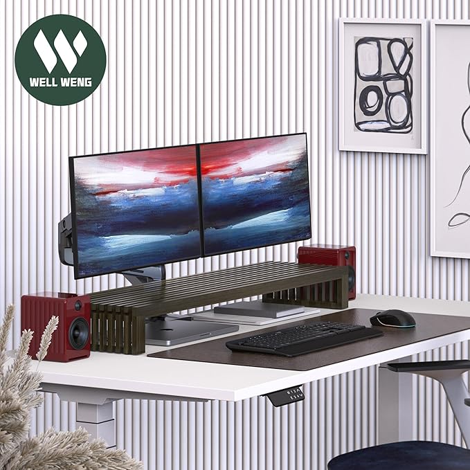 Dual Monitor Riser Stand with Airflow Vents for 2 Monitors, Double Computer Monitor Laptop Stand Grille Design, 3 Mins Assembly Farmhouse 39 inch Bamboo Desk Shelf Organizer (Wenge)