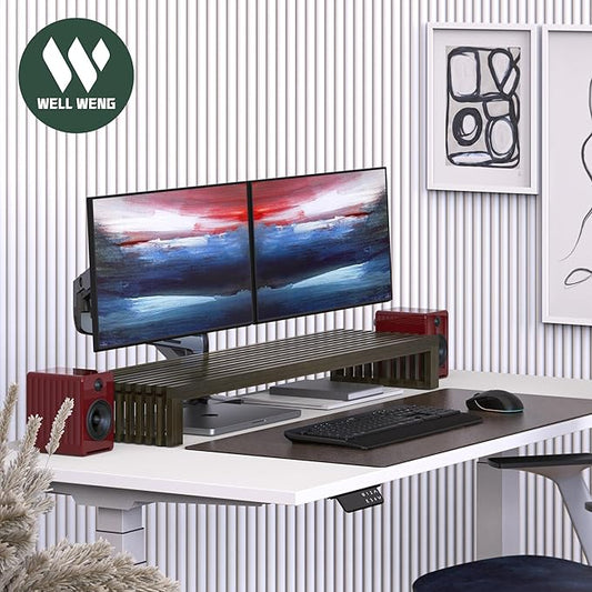 Dual Monitor Riser Stand with Airflow Vents for 2 Monitors, Double Computer Monitor Laptop Stand Grille Design, 3 Mins Assembly Farmhouse 39 inch Bamboo Desk Shelf Organizer (Wenge)