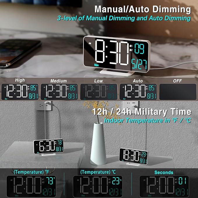 KOSUMOSU Digital Alarm Clocks 6.7in Small Digital Clock for Bedroom,Auto Dimming,Dual Alarm, Date, Seconds, Day of Week, Indoor Temperature,Desk Clock for Classroom,LED Clocks for Living Room