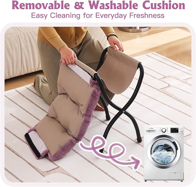 Welnow Folding Foot Stool, Upholstered Small Accent Ottoman with Detachable Thick Cotton Cushion Padded Sofa Stool and Metal Frame for Lazy Chair, Living Room, Bedroom, Plush Purple