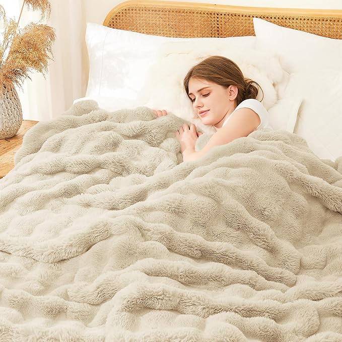 L'AGRATY Faux Rabbit Fur Blanket: 60" x 80" Twin Luxury Soft Fluffy Thick Fur Throw Blanket for Couch Bed Sofa - Cozy Plush Bubble Blankets for Winter: Flannel Fleece Decorative Blanket(Almond White)