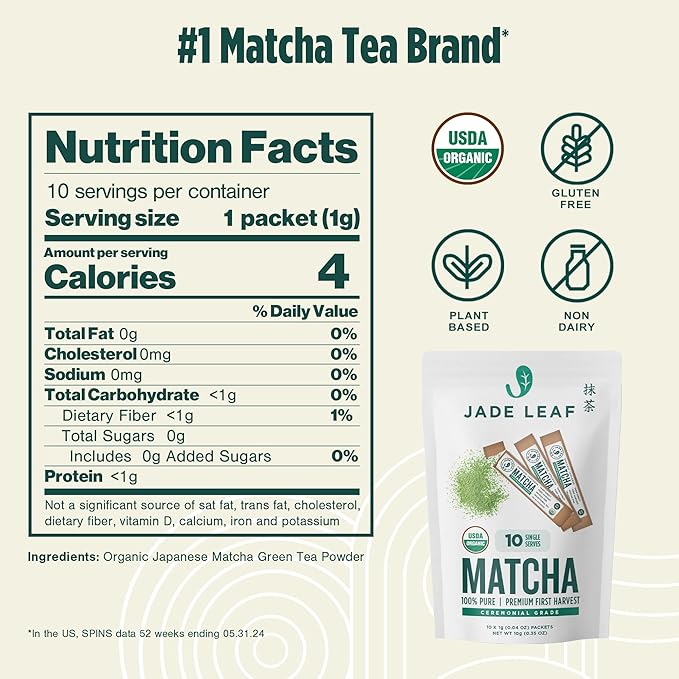 Jade Leaf Matcha Organic Ceremonial Grade Green Tea Powder - Farm Direct First Harvest - Single Serve Stick Packs - Authentic Japanese Origin (10 Count Single Serve Stick Pack Pouch)