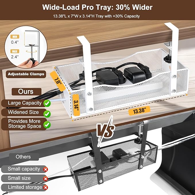Extra Wide Under Desk Cable Management - No Drill Installation Cable Management Tray, Modern Cord Organizer for Office/Home Desk, Fits Power Strips & Wires