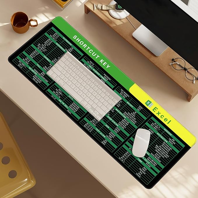 Excel Cheat Sheet Desk Pad, 31.5"x11.8", Waterproof Extra Large Excel Shortcut Mat with Stitched Edges, Anti-Slip Excel Mouse Pad for Office Desk, MS Excel/Word Shortcuts (Green Excel C)