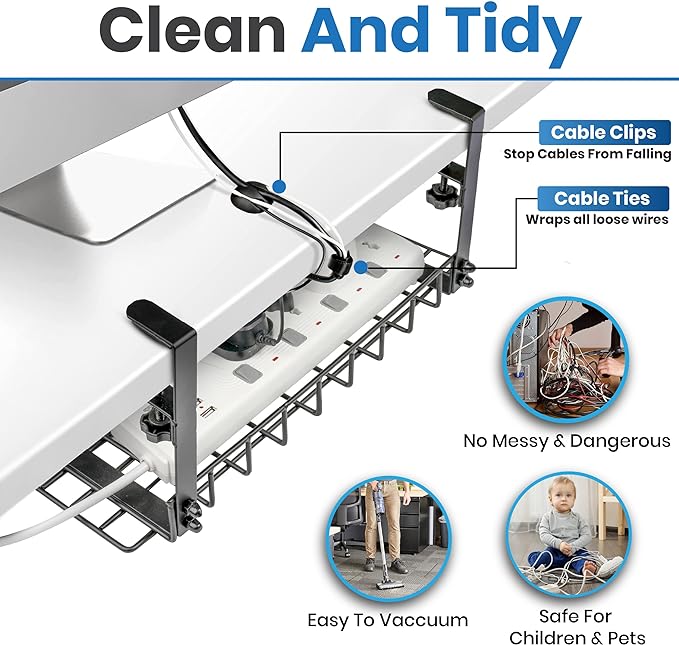 Under Desk Cable Management Tray, 16” No Drill Cord Organizer with Clamps for Wire Management, 4mm Sturdy Wire Desk Cable Organizer Tray, Cable Management Rack for Home & Office (Pack of 2)
