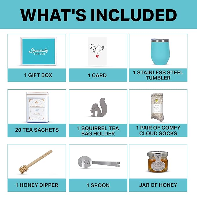 Tea Gift Set for Women – Thoughtful Get Well Gift Box with Cozy Socks, Stainless Tumbler, 20 Tea Sachets, Honey Jar & Sending Hugs Card (Paris Teaa -Heart Socks)