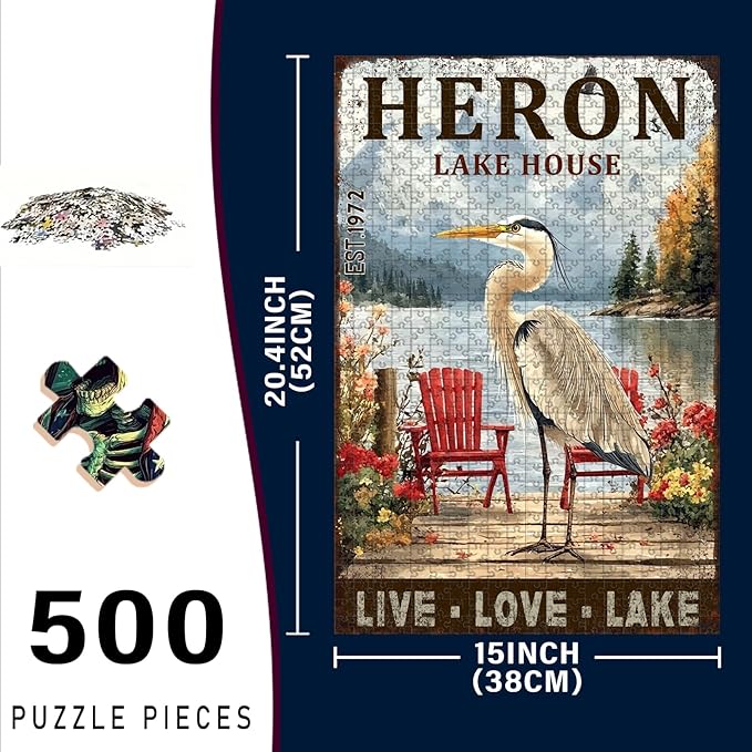 500 Piece Difficult Wooden Jigsaw Puzzle Heron Lake House Adults Kids Parent Child Educational Stress Relief Learning Toy 20.4x15 Inch