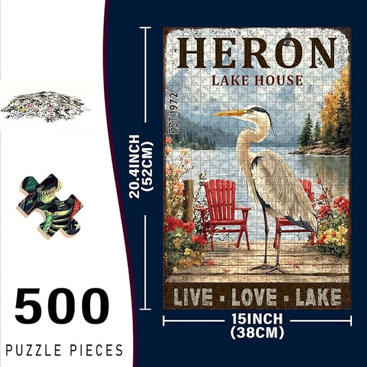 500 Piece Difficult Wooden Jigsaw Puzzle Heron Lake House Adults Kids Parent Child Educational Stress Relief Learning Toy 20.4x15 Inch