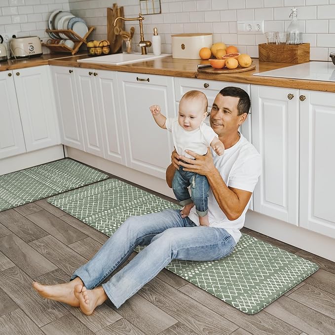 KIMODE Anti Fatigue Kitchen Mats for Floor, Boho Kitchen Rugs Sets of 2, Cushioned Kitchen Floor Mats, Comfort Standing Mat for Sink Laundry Office Desk Green 17"x59"+17"x29"