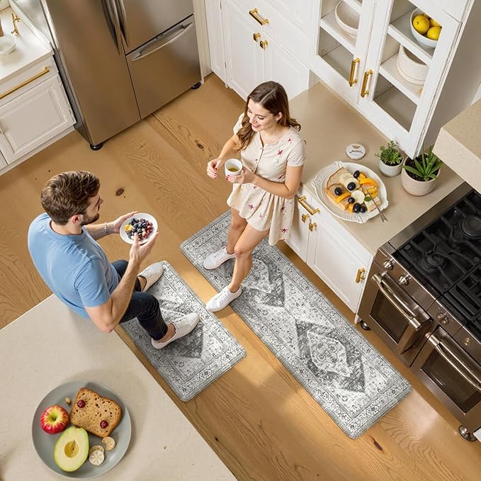 KIMDOE Kitchen Rugs 2PCS Cushioned Anti Fatigue Kitchen Mat Non-Skid Waterproof Kitchen Runner Rug Ergonomic Comfort Foam Standing Mat for Kitchen Decor,Grey