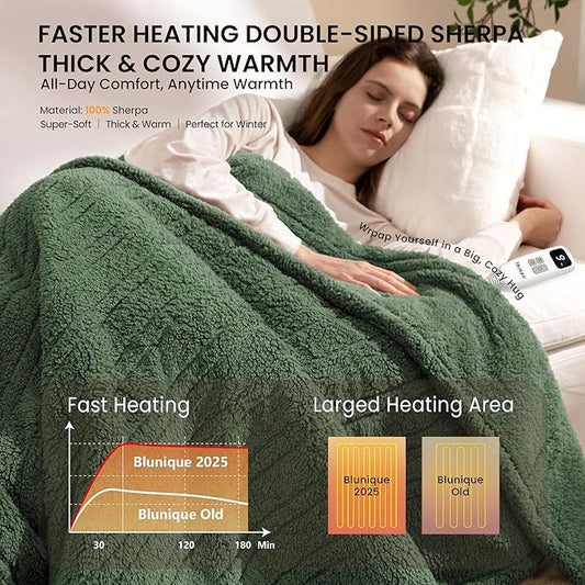 Electric Heated Blanket King 90x100 inches, Fast Heating w/ 10 Heat Settings & 2/4/8/10H Auto Timer, Double-Sided Sherpa, Ultra Soft & Cozy for Couch, Bed, Office, Machine Washable, Sage