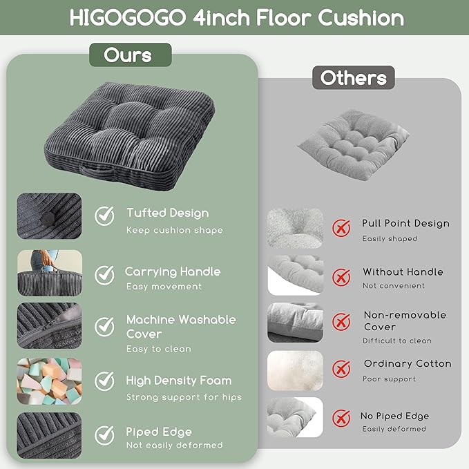 Washable Floor Pillow Cushion for Adults, Meditation Cushion Pillow, Large Square Floor Sitting, Removable Tufted Corduroy Cover, for Tatami Living Room or Yoga, 22x22 Inch, 2Pack, Machine Washable