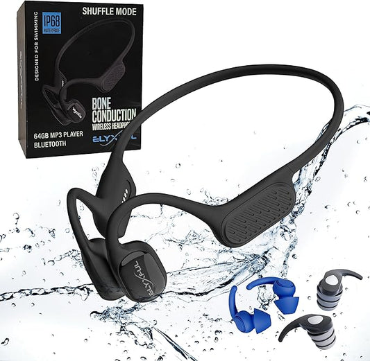 Bone Conduction Swimming Headphones with Bluetooth & 64GB MP3 Player, Shuffle & Repeat, IP68 Waterproof, Secure Fit for Workouts, Running, Cycling and Swimming, Microphone for Hands-free Calls