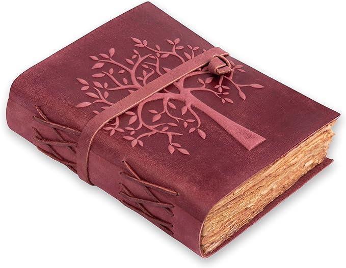 LEATHER VILLAGE Tree of Life Journal - 8"X6" (A5) inches - Fuchsia - 200 Antique Deckle Edge Handmade Paper – Book of Shadows - Vintage Leather Bound Journal for Women & Men