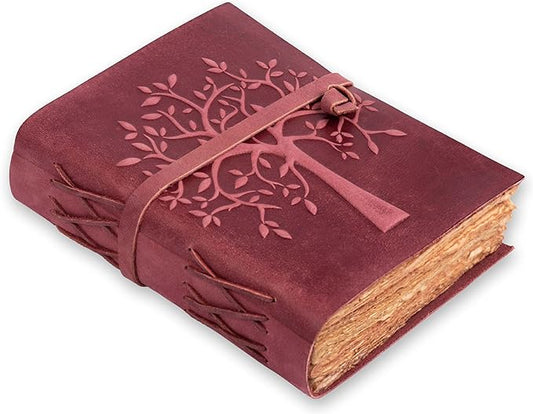 LEATHER VILLAGE Tree of Life Journal - 8"X6" (A5) inches - Fuchsia - 200 Antique Deckle Edge Handmade Paper – Book of Shadows - Vintage Leather Bound Journal for Women & Men
