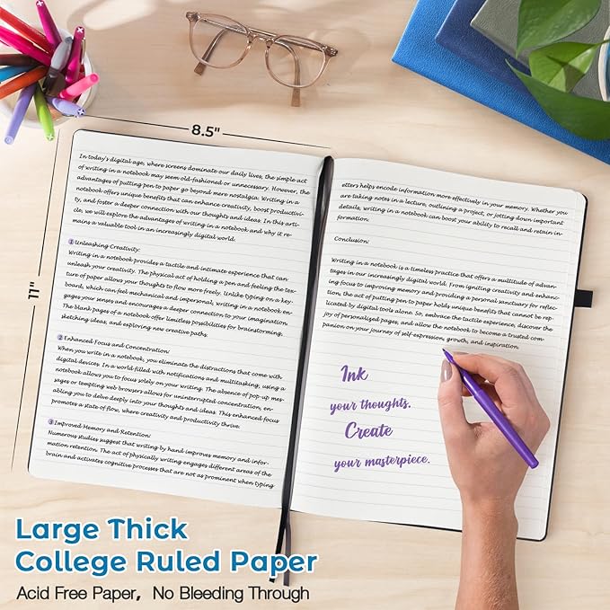 College Ruled Notebook, A4 Hardcover Leather Notebook for Work, Lined Notebook Journal for Women, Men, 192 Thick Paper, 8.5" x 11", Large Notebook with Pockets, Professional Business Notebook, Navy