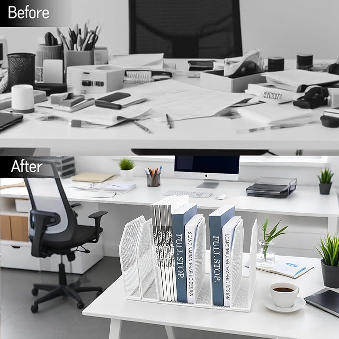 Adjustable Desk File Organizer,Detachable Office Folder Organizer,Compact Vertical Desk File Holder,Wrought Iron Paint,Suitable for Home, School, Office Classrooms (White - 7 grids)