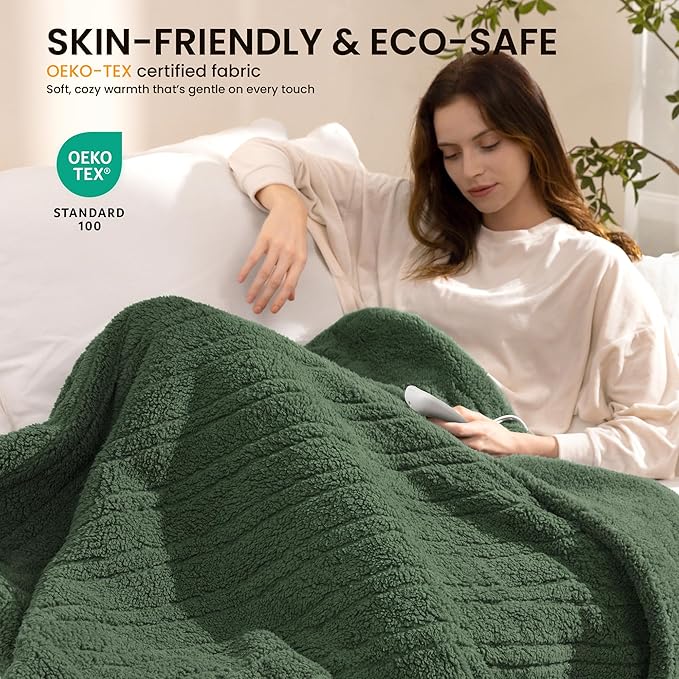Electric Heated Blanket Throw 50x60 inches, Fast Heating w/ 10 Heat Settings & 2/4/8/10H Auto Timer, Double-Sided Sherpa, Ultra Soft & Cozy for Couch, Bed, Office, Machine Washable,Sage