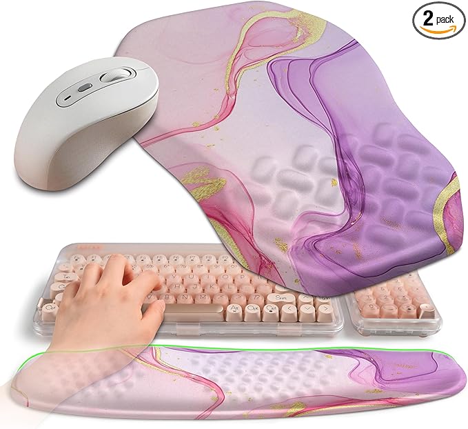 2-in-1 Ergonomic Set, Wave Keyboard Wrist Rest and Massage Slope Mouse Pad Wrist Support, Rebound Memory Foam for Relieve Carpal Tunnel Syndrome and Wrist Pain (Pink Purple Marble)