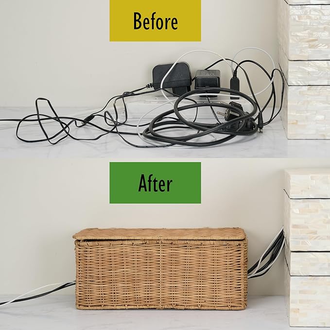 PEMAR Natural Rattan Wicker Cable Management Box, Cable Organizer, 2 Open Slots, Under Desk Cord Organizer, Cover & Hide Power Strips for TV Desk, Computer, Router, USB Hub (Natural Brown Color)