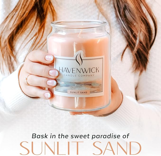 Havenwick Sunlit Sand Soy Blend 22-oz Large Jar Candle, Long Lasting 110-130 Hour Burn Time with Single Cotton Wick, Relaxing Scented Candles for New Home Gift & Housewarming Parties