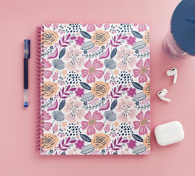 Steel Mill & Co Cute Large Spiral Notebook College Ruled, 11" x 9.5" with Durable Hardcover and 160 Lined Pages, Mosaic Floral