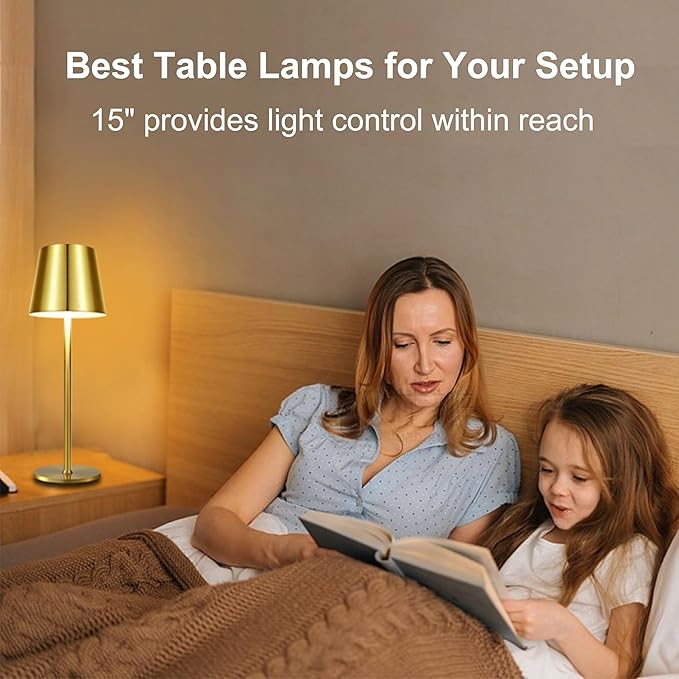 2 Pack Gold Cordless Table Lamp Rechargeable, Metal Small Bedside Table Lamp with 3 Adjustable Pole, 5400mAh Battery Operated Touch Lamp for Bedroom Kitchen Dining Waterproof & Portable