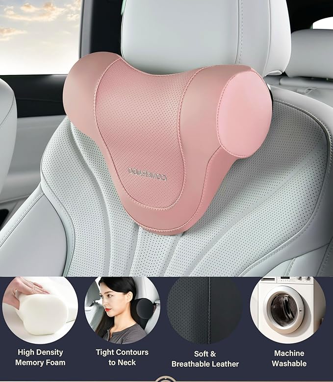 Coverado Car Headrest Pillow, Ergonomic Memory Foam Car Neck Pillow for Driving Seat with Adjustable Strap, Soft PU Leather Breathable Removable Cover Neck Support for Neck Pain Relief, Pink