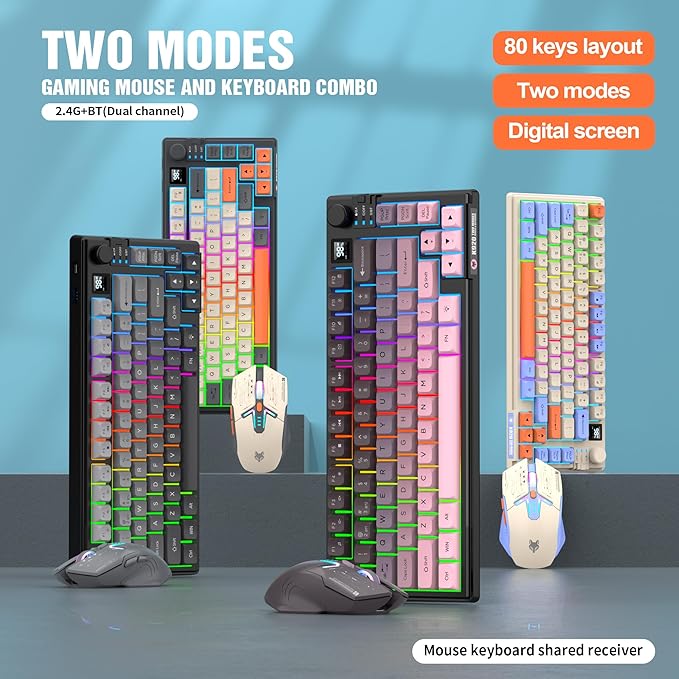 75% Wireless Gaming Keyboard and Mouse Combination, with Rechargeable Battery, Glowing Mechanical Feel Keyboard, Ergonomic RGB Optical Mouse, for Gaming/Business (Polar Day)