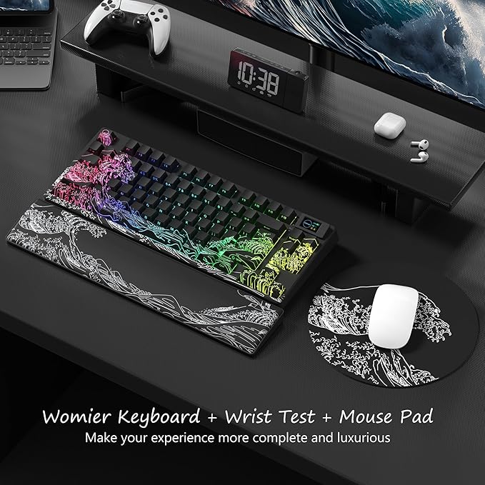 Womier 75% Wireless Mechanical Keyboard with Color Multimedia Screen Gaming Keyboard, Theme 3-Modes Hot Swappable Key Board w/Wrist Rest,SK80 PRO Gasket RGB Custom for Mac/Win,Black Kanagawa