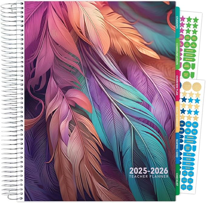 Aug 2025-Jul 2026 Deluxe Teacher Planner Notebook 8.5x11 Daily Weekly Monthly Organizers with 7 Periods, Pocket Folder, Dated Calendar, Page Tabs, Bookmark and Planning Stickers (Pastel Peacock)