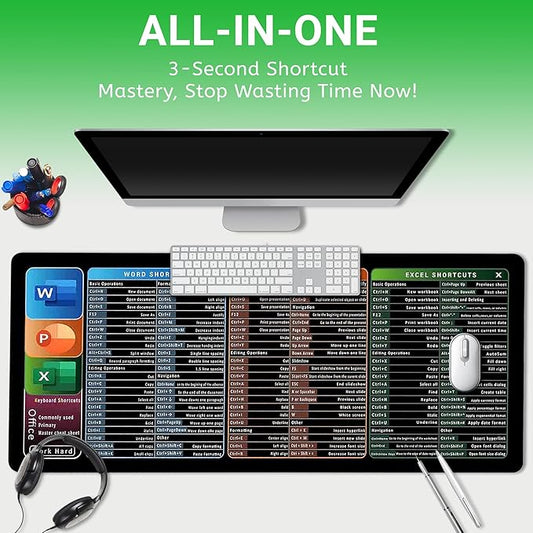 Excel Cheat Sheet Desk Pad, Updated Shortcuts Mouse Pad (31.5"x11.8") | Keyboard Shortcut & XL Gaming Desk Mat for Office/Home | Non-Slip Stitched Edges, Spill-Proof | Employee Appreciation Gifts