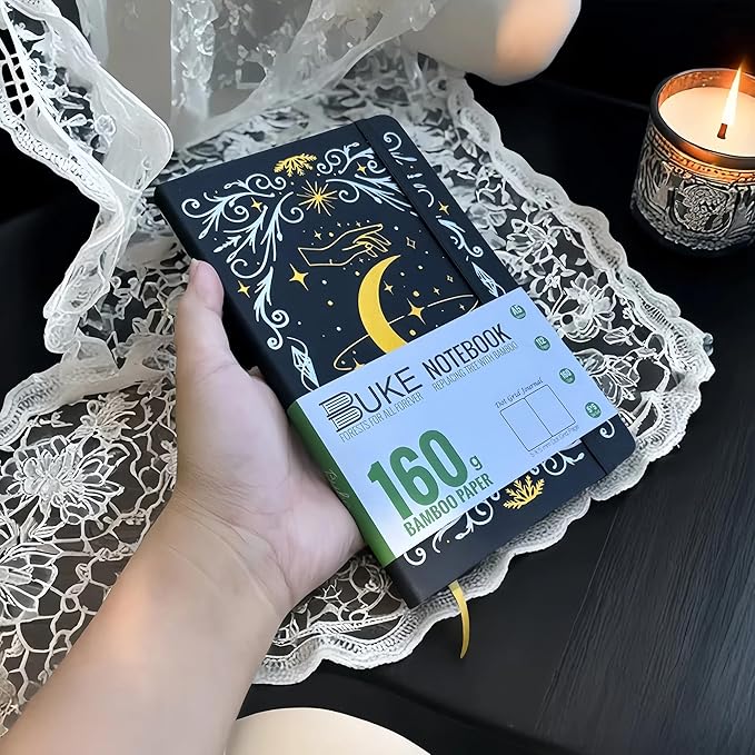 BUKE A5 Dotted Journal – 160gsm Ultra Bamboo Paper, Moon & Star Foil Cover, Flat Lay Notebook with Gift Box – 160 Pages, 5mm Dot Grid, Faux Leather Hardcover (Black)