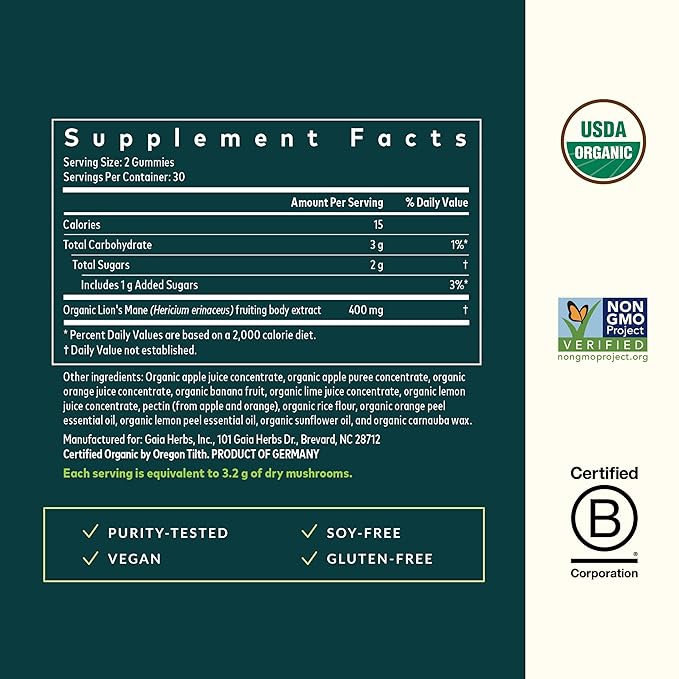 Gaia Herbs Lion's Mane Mushroom - Natural Brain Support Supplement - Made with Organic Lion's Mane Mushrooms - Free from Gluten, Soy & Dairy - 60 Vegan Gummies (30 Servings)