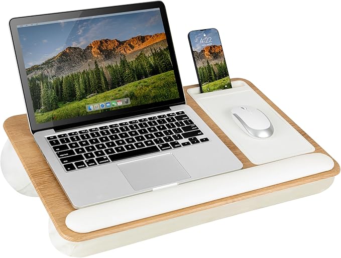 LAPGEAR Home Office Pro Lap Desk with Wrist Rest, Mouse Pad, and Phone Holder - White Oak Woodgrain - Fits up to 15.6 Inch Laptops - Style No. 91609