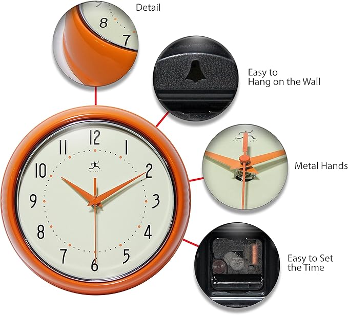 Infinity Instruments LTD. Retro 9 inch Silent Sweep Non-Ticking Mid Century Modern Kitchen Diner Wall Clock Quartz Movement Retro Wall Clock Decorative (Orange)…