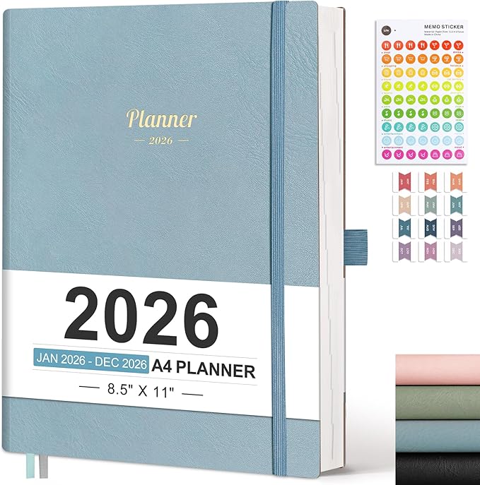 AHGXG 2026 Planner, Weekly and Monthly Planner 2026-2027, Large A4 8.5"x11", Calendar 15-Months Jan 2026 - Mar 2027, Vegan Leather SoftCover, Inner Pocket, Gray Blue