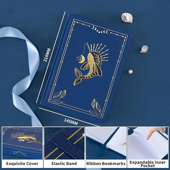 Dot Grid Journal with 160GSM Thick Paper, 192 Pages, A5 Dotted Notebook for Work, School, Travel | 180° Lay Flat, Foil Stamped Cover, Elastic Band, 2 Bookmarks & Inner Pocket,Dark Blue