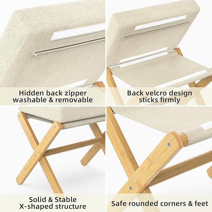 Foldable Foot Stool Ottoman, Modern Foot Rest with Bamboo X Legs & Thick Foam Cushion, Folding Foot Stools Small Padded for Bedroom Living Room, Makeup Vanity Stool Chair (Natural - Beige)