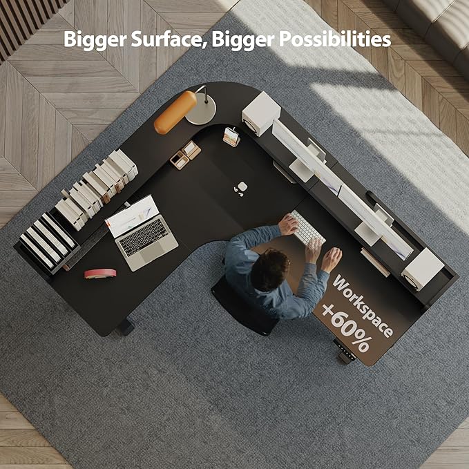 Agilestic L Shaped Standing Desk, Corner Desk with Monitor Shelf, Adjustable Height Gaming Table, Sit Stand Up Table, 63 x 55 Inch Home Office Computer Workstation, Splice Board, Black