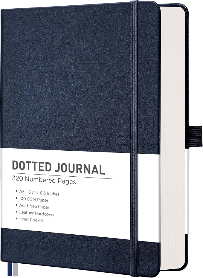 RETTACY Bullet Dotted Journal Notebook, 320 Numbered Pages, A5 Medium Size (5.7'' × 8.3''), Leather Hardcover, 100 GSM Thick Paper, for Bullet Journaling, Planning, Tracking (Navy Blue)