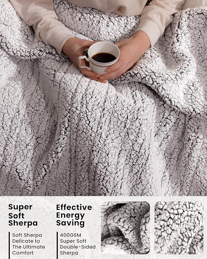 Electric Blanket Throw 50x60 Inches, Double-Sided Sherpa, Soft & Cozy Thick Heated Blanket with 6 Heat Settings, 1-4 Hour Auto Off, Machine Washable, Ideal for Couch, Sofa, Bed, Office, Light Grey