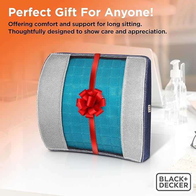BLACK+DECKER Cooling Gel Lumbar Memory Foam Cushion – Ergonomic Back Support Travel Pillow with Ventilated Mesh, Adjustable Strap, Slow Rebound Memory Foam, Washable Cover