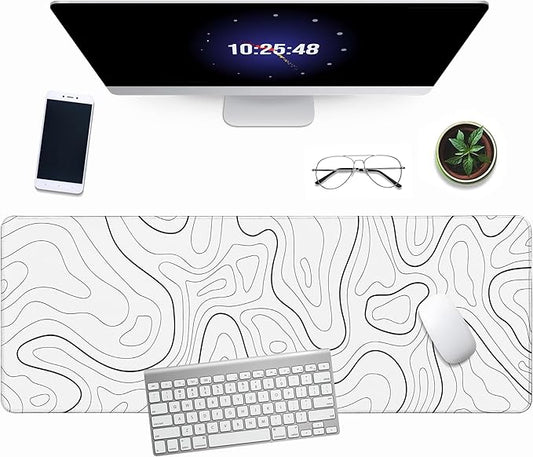 White Minimalist Topographic Map Mouse Pad - Contour Extended Large Stitch Edge Mousepad Black & White Non-Slip Gaming Desk Mat 31.5x11.8inch