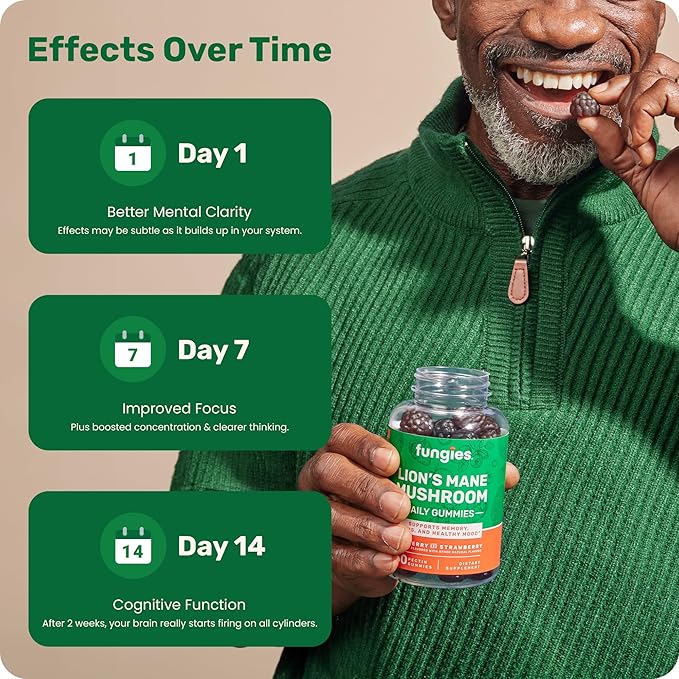 Fungies Lion's Mane Mushroom Gummies, Mixed Blueberry & Strawberry Flavor - Mushroom Supplement Gummy for Adults & Children Supports Brain Health, Cognitive Function, Focus, Memory & Mood, 60 Servings