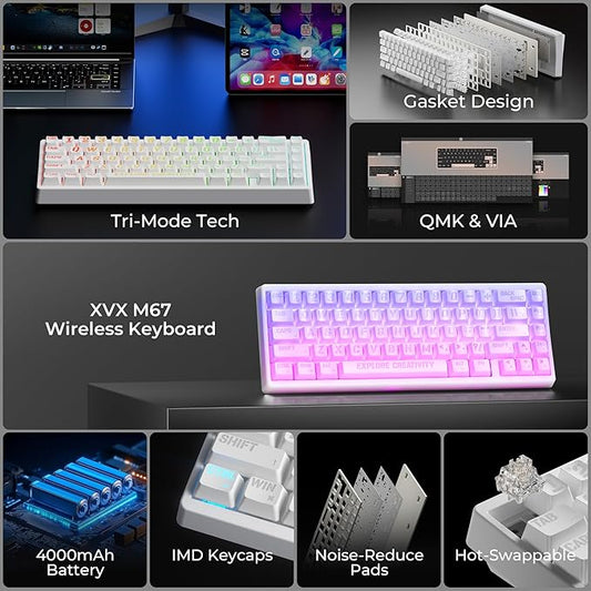 XVX M67 Wireless 60% Percent Keyboard, QMK/VIA Topographic Gaming Keyboard, Tri-Mode Thocky Creamy Mechanical Key Board, Hot Swappable Gasket Mount RGB IMD Tech for Win/Mac, Miami Theme, White