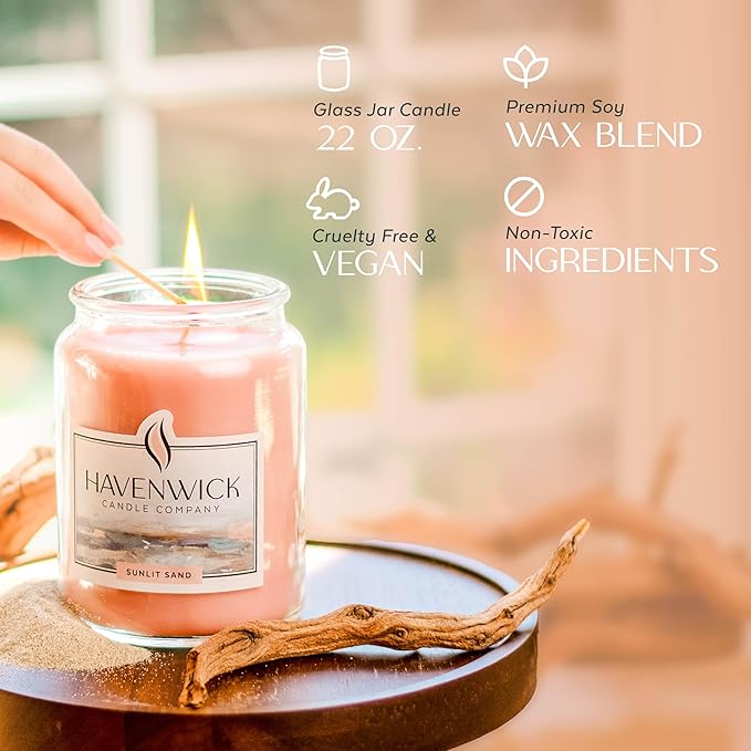 Havenwick Sunlit Sand Soy Blend 22-oz Large Jar Candle, Long Lasting 110-130 Hour Burn Time with Single Cotton Wick, Relaxing Scented Candles for New Home Gift & Housewarming Parties