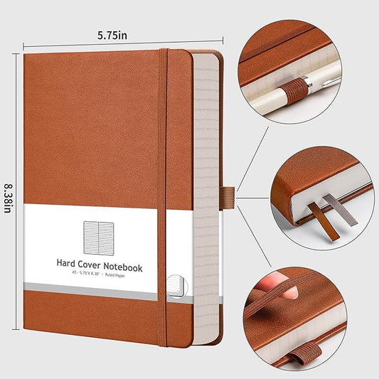 AHGXG Lined Journal Notebook - 320 Numbered Pages A5 College Ruled Notebook Thick Journal for Writing, 100gsm Lined Paper, Leather Hardcover, for Women Men Work Office School, 5.75'' X 8.38''-Brown