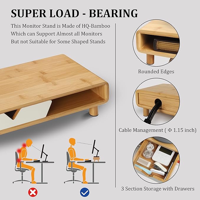 Homerays Monitor Stand with Drawer, Exquisite Computer Monitor Stand for Desk, Ergonomic Wood Monitor Stand Riser for Computer,Laptop,Printer,TV,Bamboo,White