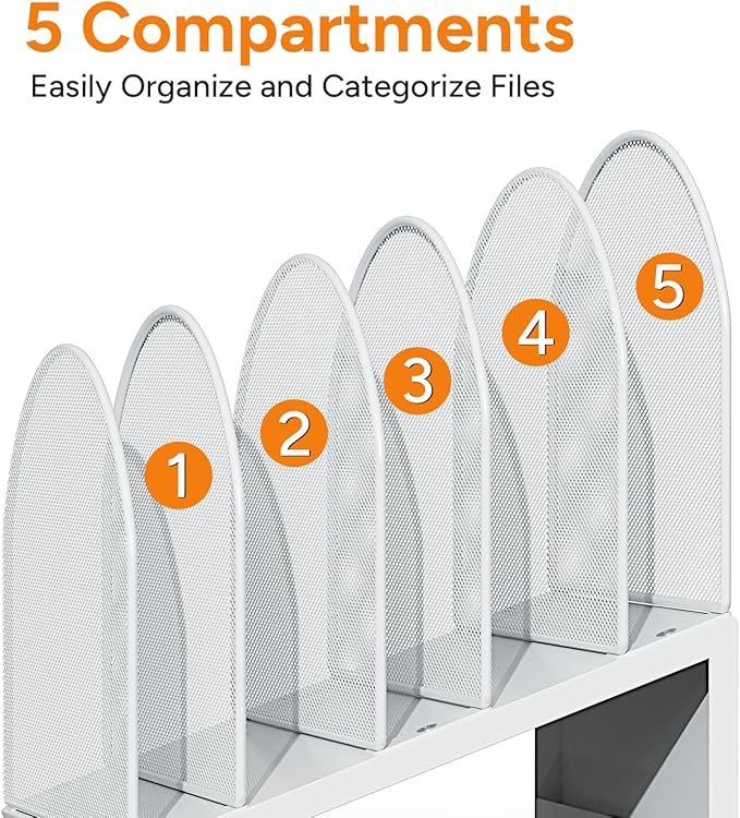 5-Section Desk File Organizer, Metal Mesh Folder Organizer for Documents, Mail & Office Papers (White)